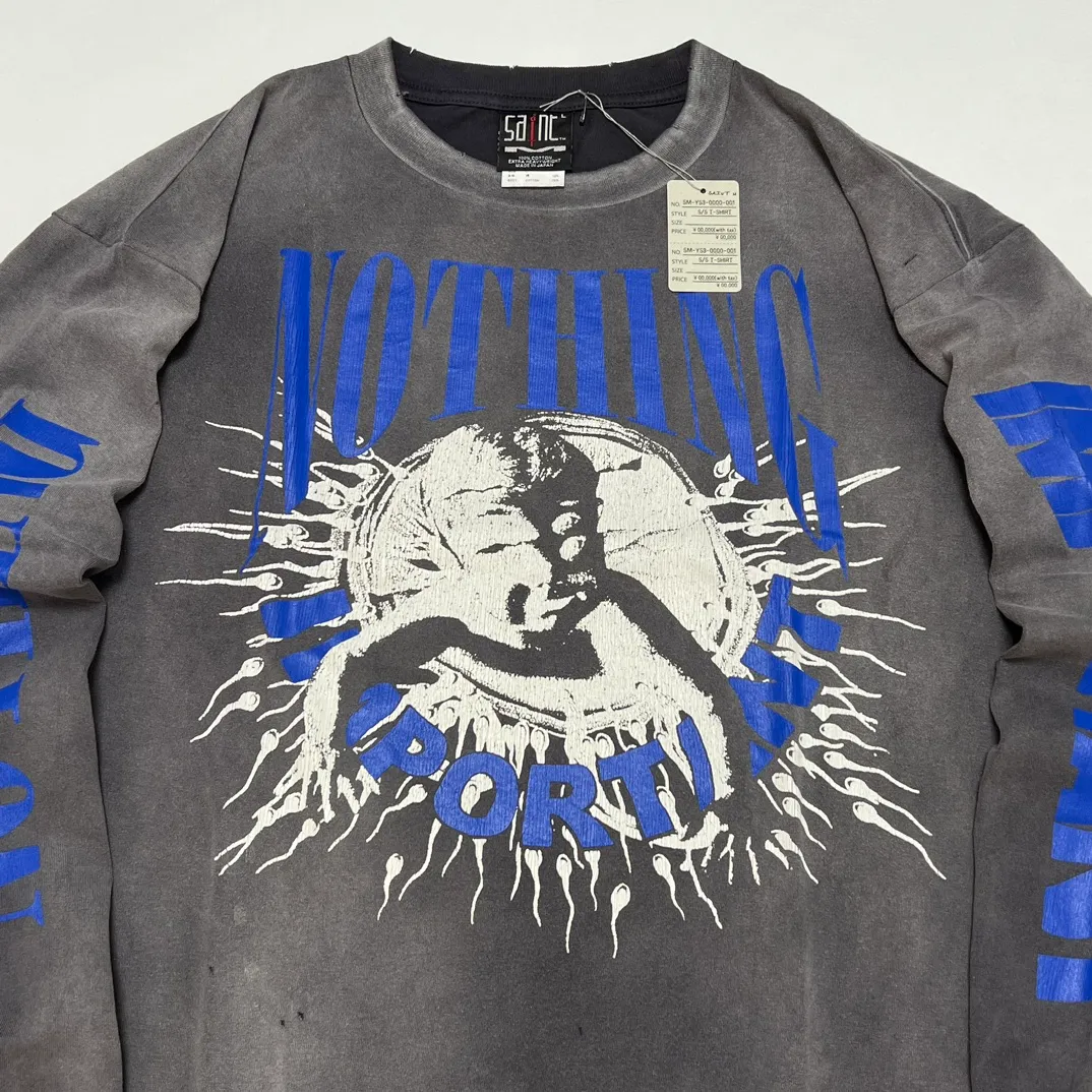 SAINT Mxxxxxx × Kosuke Kawamura's latest joint model KK_LS TEE/NOTHING IMP/BLK Holy Infant tadpole distressed long sleeves, wash black S-XL, original consistent wash mark/angel mark, original factory grade crack print, distressed mottled effect, heavy wash water, water spray fading, fade repositioning, pure handmade complex grinding and hanging
